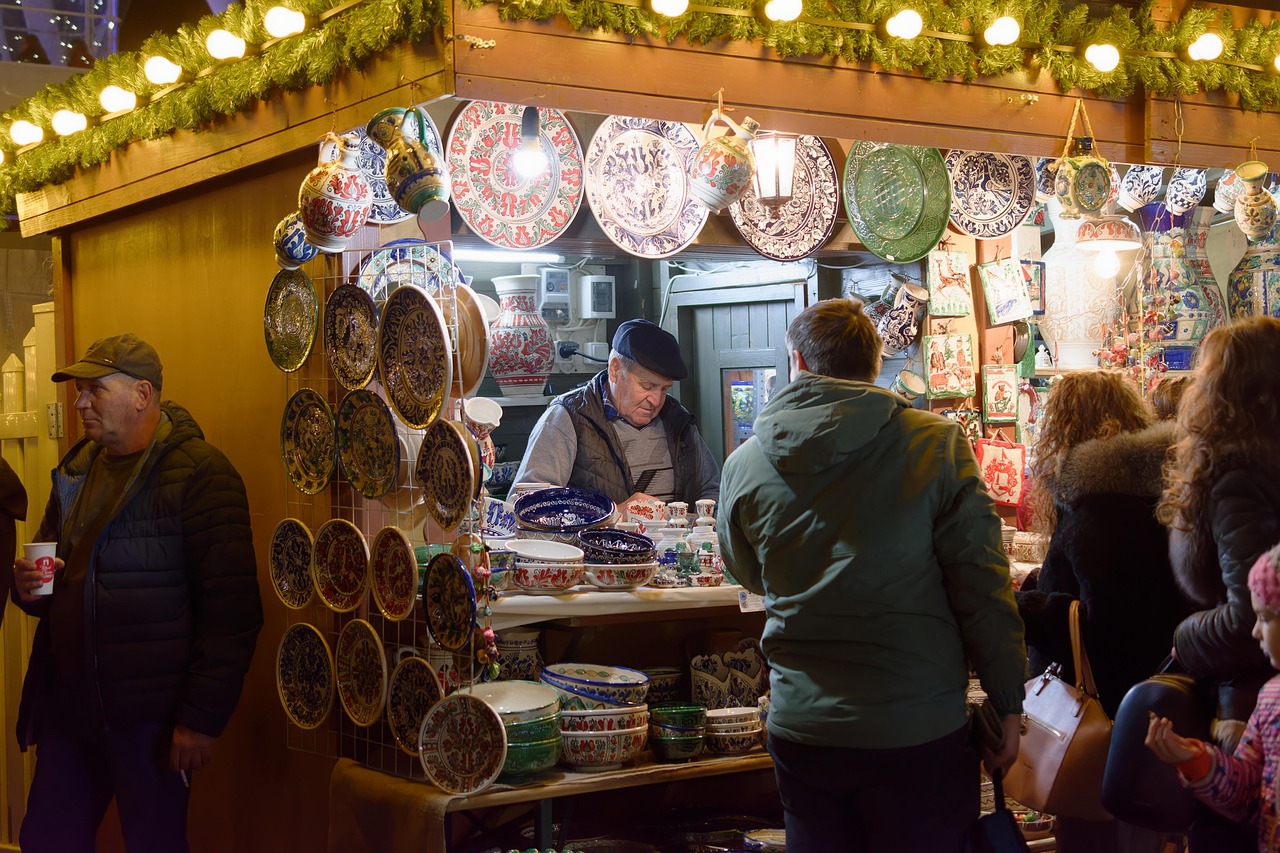 people, shopping, craft items, christmas, market, fair, evening, lights, entertainment, holidays, xmas